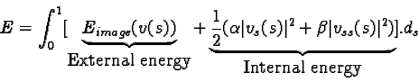 \begin{displaymath}E= \int_0^1[\underbrace{E_{image}(v(s))}_{\mbox{External ener......^2+ \beta\vert v_{ss}(s)\vert^2)}_{\mbox{Internal energy}}].d_s\end{displaymath}