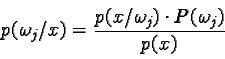 \begin{displaymath}p(\omega_j/ x) = \frac{p(x/ \omega_j) \cdot P(\omega_j)}{p(x)}\end{displaymath}